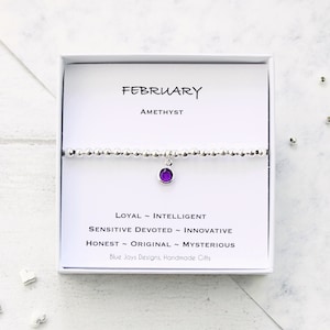 February Amethyst Birthstone and Initial Bracelet, Gift for Women, Aquarius Gift Ideas, Christmas Gifts, Childrens Jewellery image 1