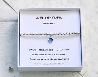 Sapphire Birthstone Bracelet: Silver Initial Charm, September Jewelry
