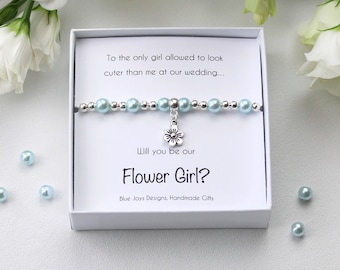 Sky Blue Flower Girl Pearl Bracelet for Wedding, Flower Girl Gifts, Bridesmaid Gift, Engagement Announcement, Flower Girl Dresses