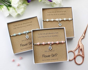 Boho Wedding Pink Pearl Flower Girl Bracelet, Flower Girl Proposal, Flower Girl Gift Box, Bridesmaid Jewelry, Will You Be My Flower Girl