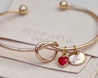 Gold Knot Bracelet: Personalized Initial & Heart Shape Birthstone Charm, Dainty Jewelry