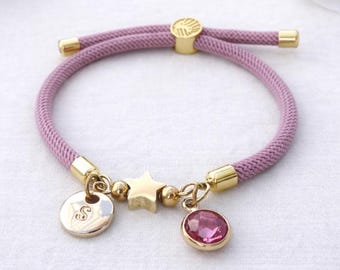 Personalised Initial Bracelet Pink Cord, Bridesmaid Gift, Flower Girl Bracelet, Birthstone Jewellery, Birthday Gift for Girls Teens