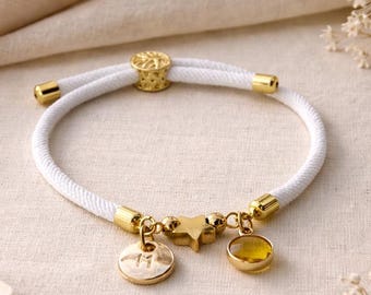 Personalised Initial Bracelet White Cord, Bridesmaid Gift, Wedding Jewellery, Birthstone Bracelet, Christmas Gift for Her Sister