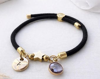 Personalised Initial Charm Bracelet, Black Cord Gold Bracelet, Star Charm Jewelry, Birthstone Bracelet Gift, Minimalist Stackable Bracelet