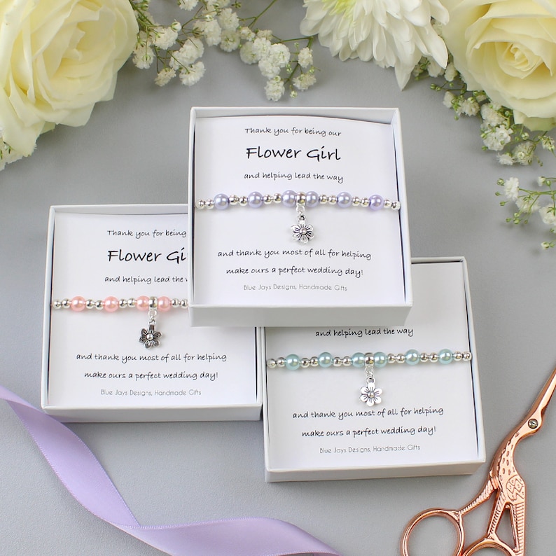 Thank You Flower Girl Pink Pearl Bracelet, Thank You Bridesmaid, Bridal Party Gift, Delicate Bracelet, Flower Girl Gift, Wedding Party image 1