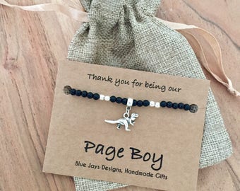 Page Boy Gift: Black Onyx Bracelet with Charm, Thank You Page Boy Card, Groomsmen or Wedding Party Gift, Wedding Favours
