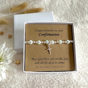 Catholic Confirmation Gifts for Girls, Spiritual jewellery gift silver cross beaded bracelet with pink pearls image 1