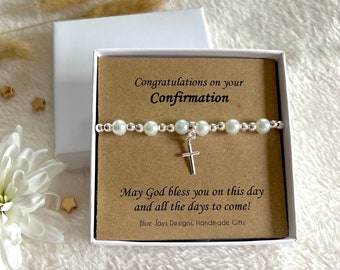 Catholic Confirmation Gifts for Girls, Spiritual jewellery gift silver cross beaded bracelet with pink pearls