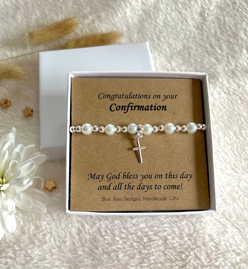 Catholic Confirmation Gifts for Girls, Spiritual jewellery gift silver cross beaded bracelet with pink pearls image 1