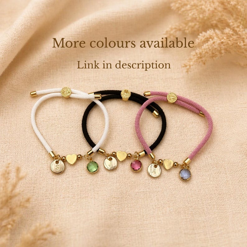 Personalised heart bracelets in pink, white and black with initial charms and birthstones, more colours available