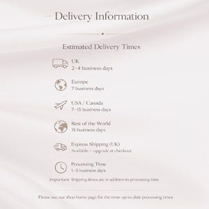 Delivery information infographic with UK and international shipping times for jewellery