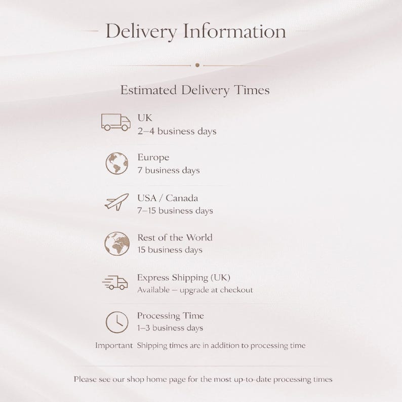 Delivery information infographic with UK and international shipping times for jewellery