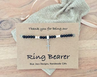 Ring Bearer Gift: Black Onyx Bracelet with Charm, Wedding Keepsake