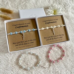 Catholic Confirmation Gifts for Girls, Spiritual jewellery gift silver cross beaded bracelet with pink pearls image 6