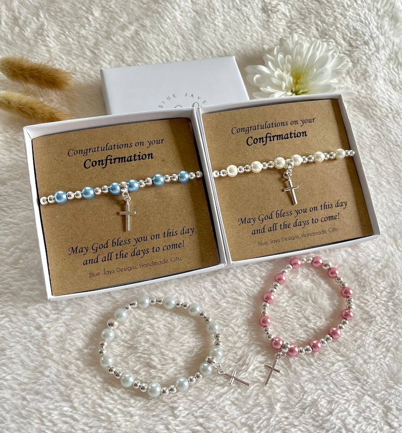 Catholic Confirmation Gifts for Girls, Spiritual jewellery gift silver cross beaded bracelet with pink pearls image 6