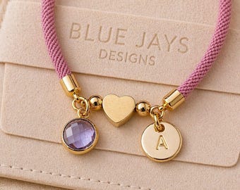 Personalised Pink Bracelet, Gifts for Girls, Flower Girl Bracelet, Initial Birthstone Bracelet, Heart Charm Bracelet, Birthday Gift for Her