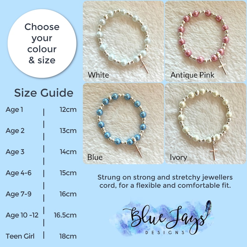 May include: A size guide for beaded bracelets with a cross charm. The bracelets are available in white, antique pink, blue, and ivory. The size guide lists ages and corresponding bracelet lengths in centimeters.