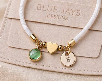 Personalised Heart Bracelet, White Cord Bracelet, Initial & Birthstone Bracelet, Bridesmaid Gift, Flower Girl Gift, Wedding Jewellery