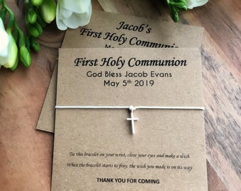First Holy Communion Wish Bracelet Favors: Silver Cross, Personalized Pack of 10