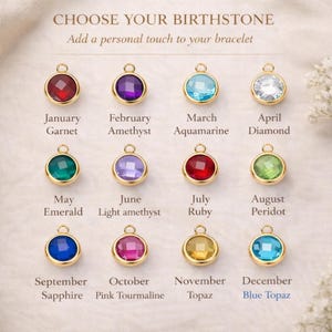 Birthstone colour chart showing gemstone options for personalised bracelet, choose your birthstone