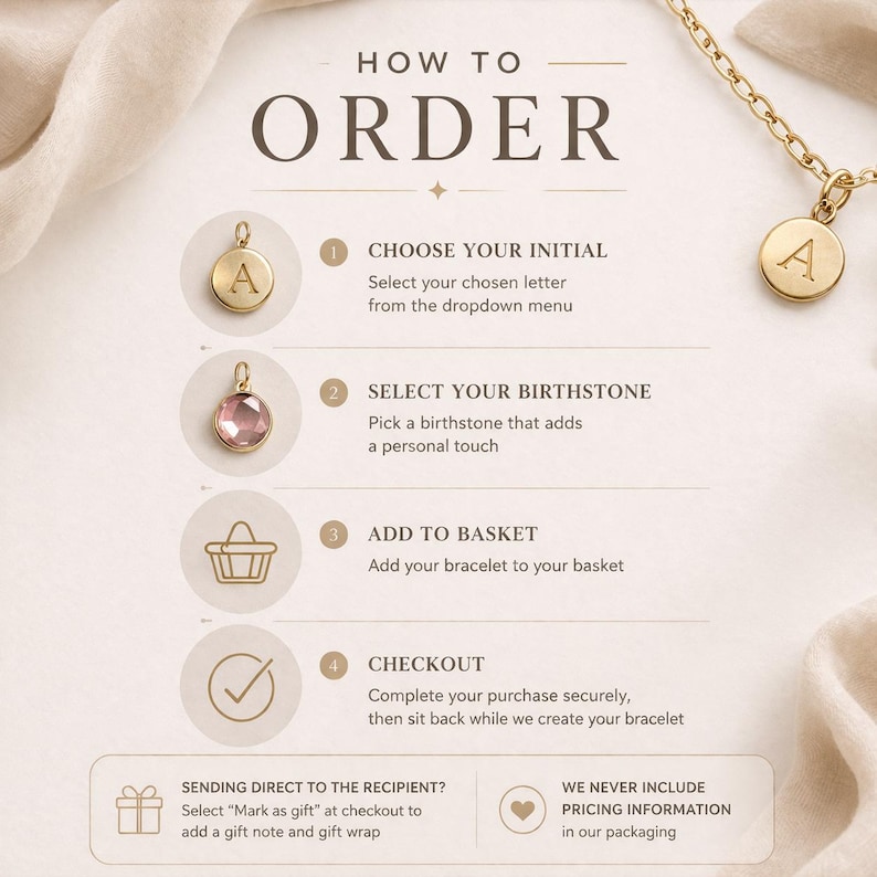 How to order personalised bracelet infographic showing steps to choose initial and birthstone