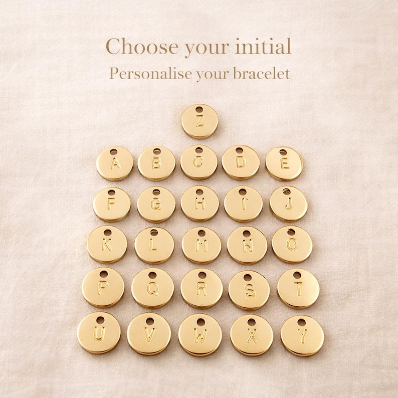 Gold engraved initial charm alphabet A to Z for personalised bracelet letter selection