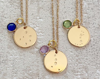 Personalized Gold Zodiac Necklace with Birthstone Charm