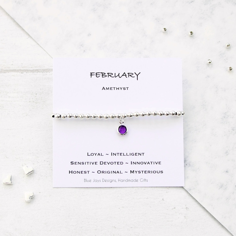 February Amethyst Birthstone and Initial Bracelet, Gift for Women, Aquarius Gift Ideas, Christmas Gifts, Childrens Jewellery image 2