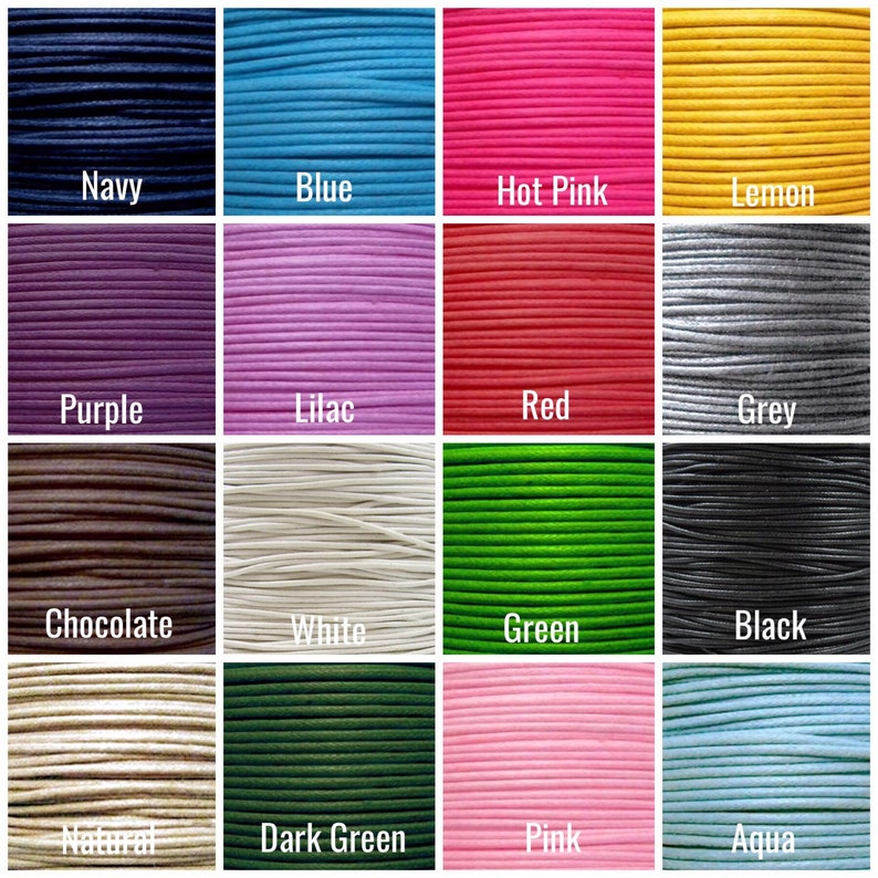 May include: A collection of 16 spools of waxed cotton cord in various colors, including navy, blue, hot pink, lemon, purple, lilac, red, grey, chocolate, white, green, black, natural, dark green, pink, and aqua.