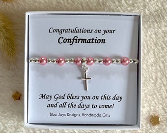 Confirmation gifts for girls, white pearl bracelet, silver cross jewellery gift for sponsor, confirmation sister niece