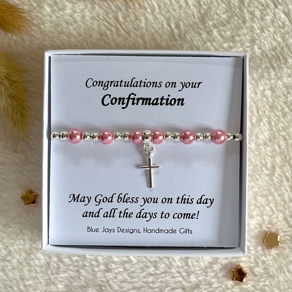 Konfirmation Geschenke für Mädchen, weißes Perlenarmband, Silber Kreuz Schmuck Geschenk für Pate, Konfirmation Schwester Nichte