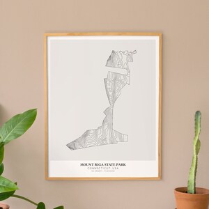 Op de afbeelding: Een ingelijste print van Mount Riga State Park, Connecticut, VS, met zwarte contourlijnen op een crèmekleurige achtergrond. De lijst is van licht hout. De afbeelding staat op een houten tafel met potplanten, waaronder cactussen.