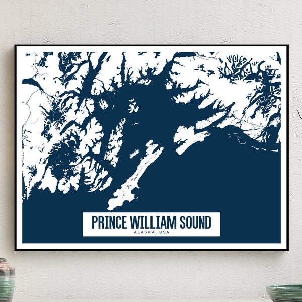 Prince William Sound Alaska Printable Map, Prince William Sound Wall Art, Alaska Map Art, Printable Lake Map, Anchorage AK Map Print