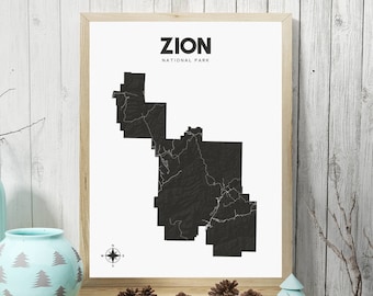 Zion National Park-kaart 18 x 24 inch, Zion Wall Art, National Park-kaart voor kantoor, Utah-kaartmuurkunst