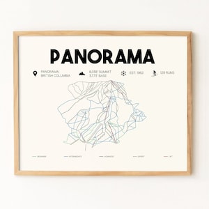 May include: A framed print featuring a ski resort map labeled "Panorama" in bold black letters. The map shows ski runs in blue, green, and black, with details including the summit elevation, base elevation, and number of runs.