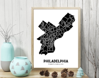 Utskrivbar karta över Philadelphias stadsdelar, affisch över Philadelphia, karta över Philadelphia, present till Philly, dekoration över Pennsylvania, utskrivbar karta över Philadelphia