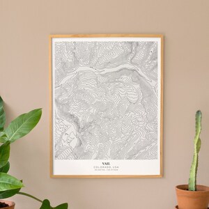 Könnte beinhalten: Eine gerahmte schwarz-weiße topografische Karte von Vail, Colorado, USA, mit dem Namen der Stadt und den Koordinaten unten aufgedruckt. Die Karte befindet sich in einem hellen Holzrahmen, der auf einer Holzoberfläche ausgestellt ist, mit Topfpflanzen in der Nähe.