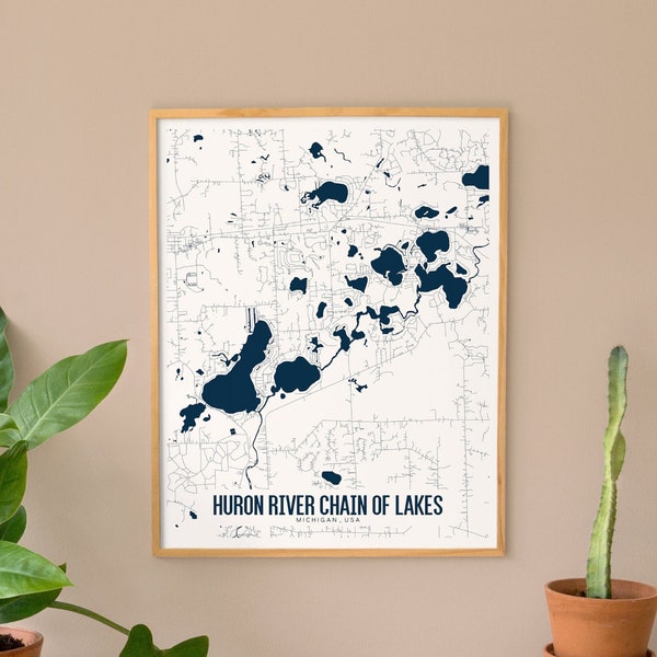 Huron River Chain of Lakes Printable Map Art, Huron Chain of Lakes Map Art, Custom Lake Map Print, Printable Michigan Map, Lake wall art