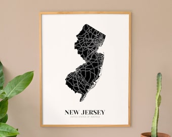 Map of New Jersey Printable, New Jersey Map Print, Printable NJ Map Poster, Custom Map Art, Minimalist Map Art, Modern Map Art, Jersey Shore