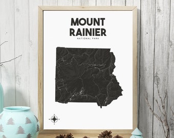 Mount Rainier National Park Map 18"x24", Mount Rainier Wall Art, National Park Map for Office, Washington Map Wall Art