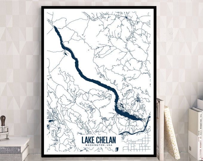 Lake Chelan Washington Printable Map, Lake Chelan Wall Art, Lake Chelan