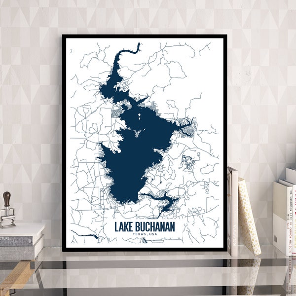Lake Buchanan Texas Printable Map, Lake Buchanan Wall Art, Lake Buchanan Map Art, Printable Texas Map, Texas Office Decor, Lakehouse Decor