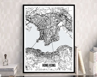 Hong Kong China Printable Map, Hong Kong city map art, Asia map, Digital Download City Map, Hong Kong Travel art, Printable office decor