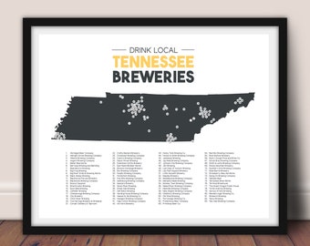 Tennessee Breweries Printable State Map 16x20 Wall Decor Digital Download Beer Art