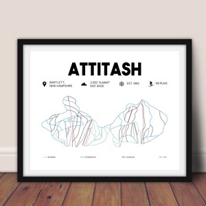 Könnte beinhalten: Ein gerahmter Druck der Attitash-Skigebietskarte. Die Karte zeigt Skipisten in Blau, Rot und Grün, mit dem Resortnamen in fetten schwarzen Buchstaben. Zusätzlicher Text umfasst Standort, Gipfel, Basis und Anzahl der Pisten.