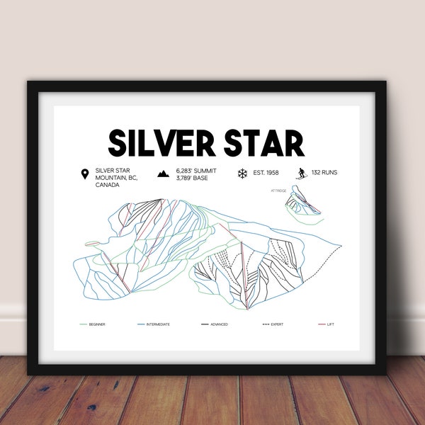 Silver Star Mountain BC Ski Resort map, Silver Star British Columbia Printable Ski Map 16"x"20", Skiing Wall Art, Printable Ski Gift