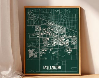 East Lansing Michigan printable map, Michigan State wall art, Michigan wall art, college graduation gift, apartment wall art