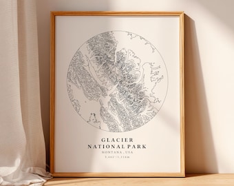 Mapa del Parque Nacional Glacier, mapa topográfico, lámina del Parque Nacional, decoración de pared de Montana, regalo para excursionistas (descarga digital)
