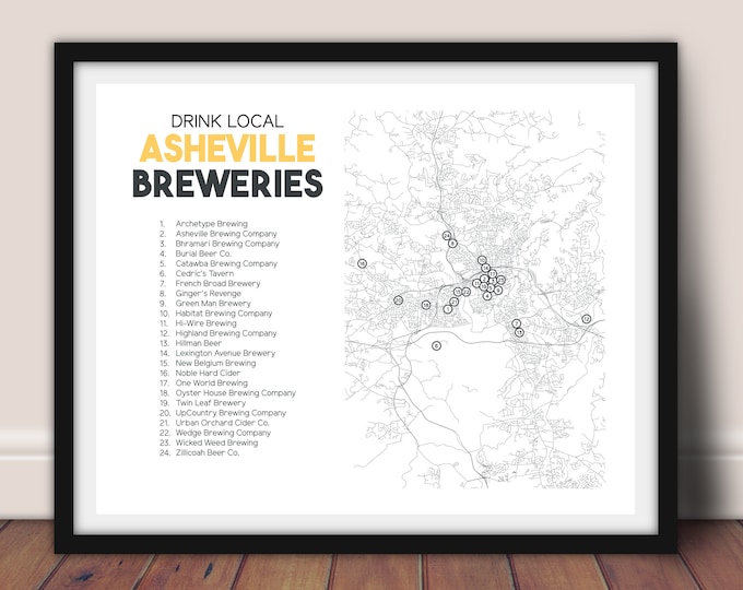 Asheville Breweries Printable Map 16x20, Asheville Beer Art, Asheville
