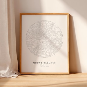 May include: A framed print featuring a topographic map of Mount Olympus, Utah, USA. The map is a circular design with contour lines in shades of gray on a cream background. The frame is a light wood color. The text "MOUNT OLYMPUS" and the elevation are printed below the map.